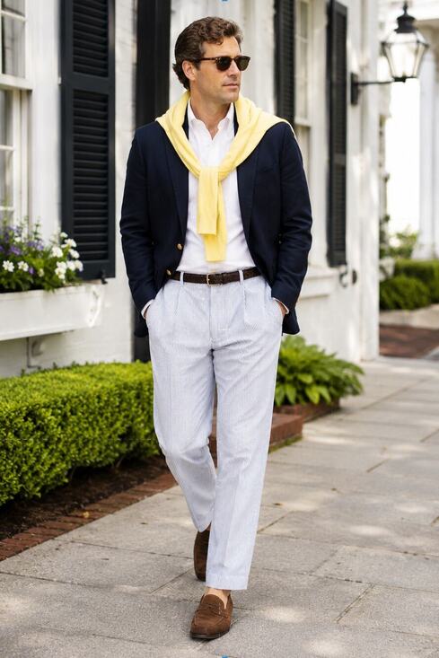 Brooks Brothers Other - Brooks Brothers Elliot Seersucker Pleated Men's 36x34 Blue White Cuffed Pants